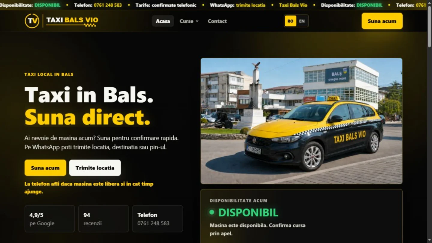 Site Taxi Balș Vio cu apel rapid și WhatsApp